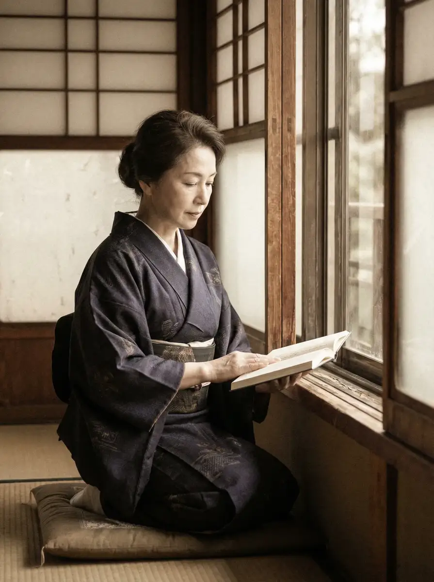一位优雅的五十岁 Y6英亚娱乐 身穿深蓝色和服，在窗边静读